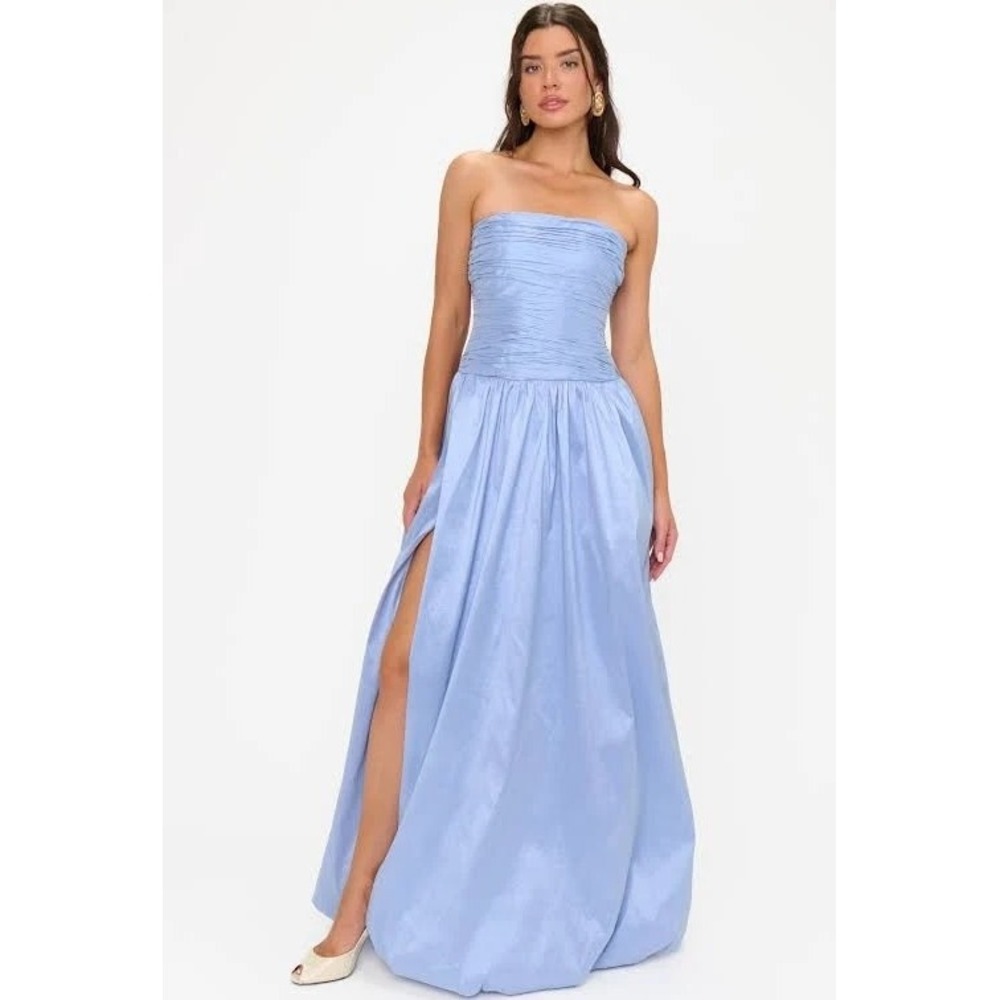 Show Me Your Mumu Blue Strapless Ruched Bodice Bubble Hem Gown  Formal